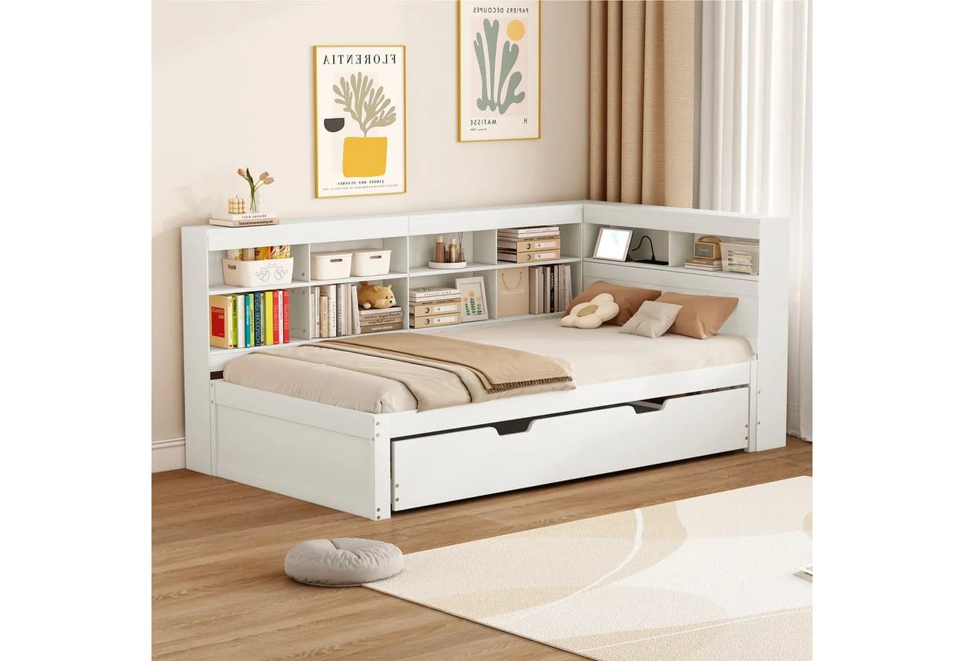 Flieks Massivholzbett Einzelbett 90x200cm mit Stauraum und USB