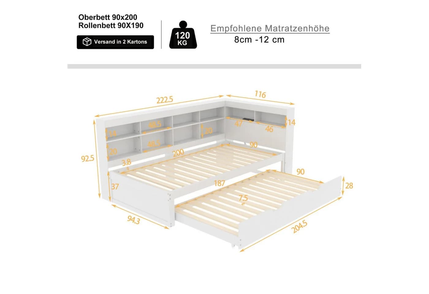 Flieks Massivholzbett Einzelbett 90x200cm mit Stauraum und USB - Bild 4