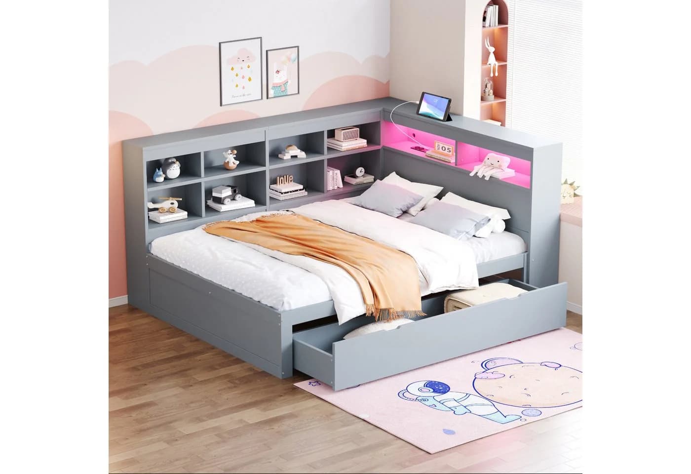 Flieks Massivholzbett Grau mit LED, USB und Stauraum - Bild 2