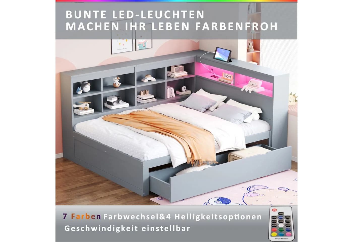 Flieks Massivholzbett Grau mit LED, USB und Stauraum - Bild 4