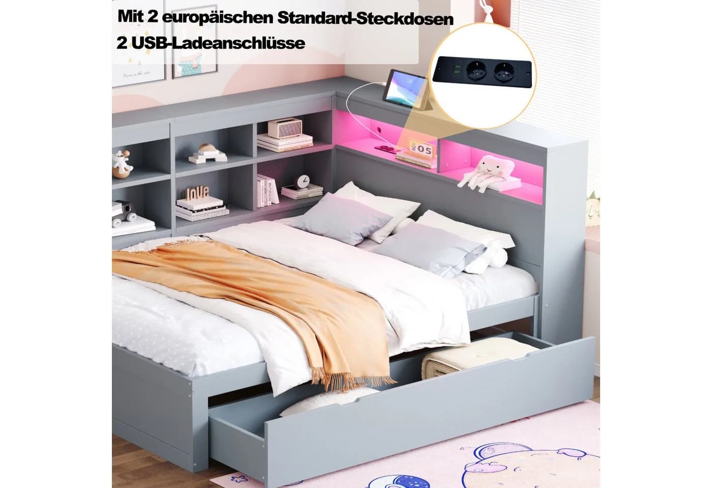 Flieks Massivholzbett Grau mit LED, USB und Stauraum - Bild 5
