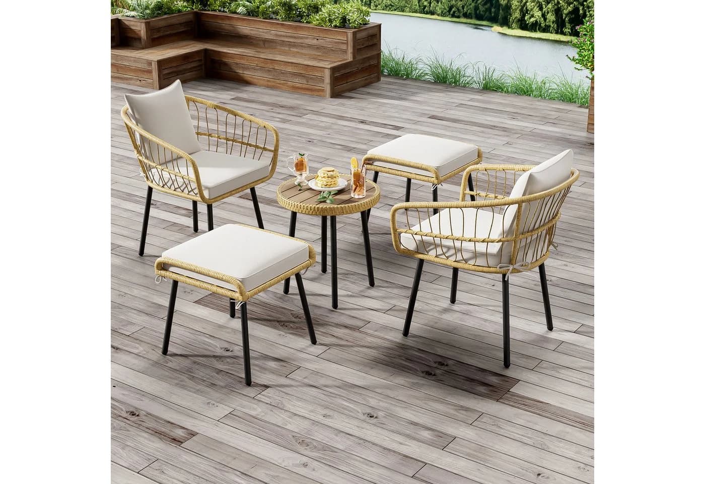 Flieks 5-teiliges Rattan Balkonset mit Kissen