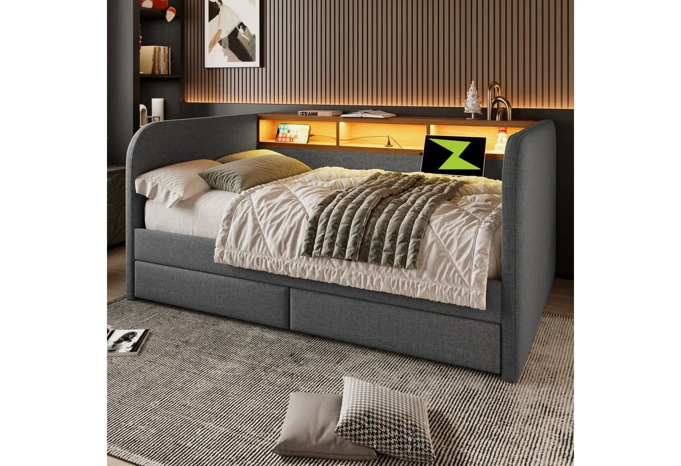 Flieks Polsterbett Grau mit LED, Ladefunktion & 2 Schubladen