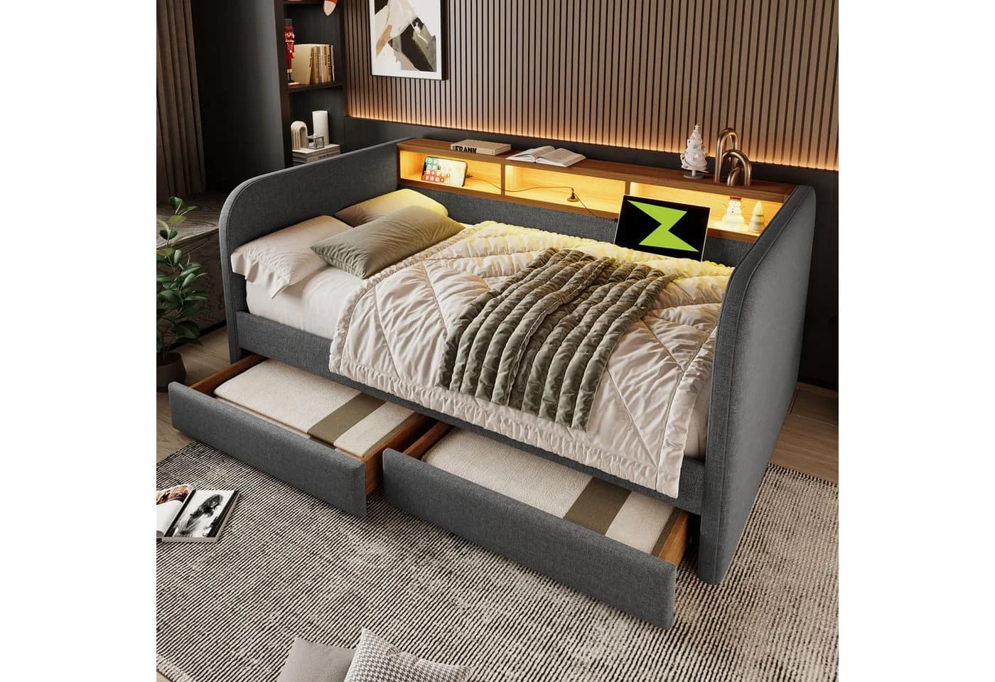 Flieks Polsterbett Grau mit LED, Ladefunktion & 2 Schubladen - Bild 2