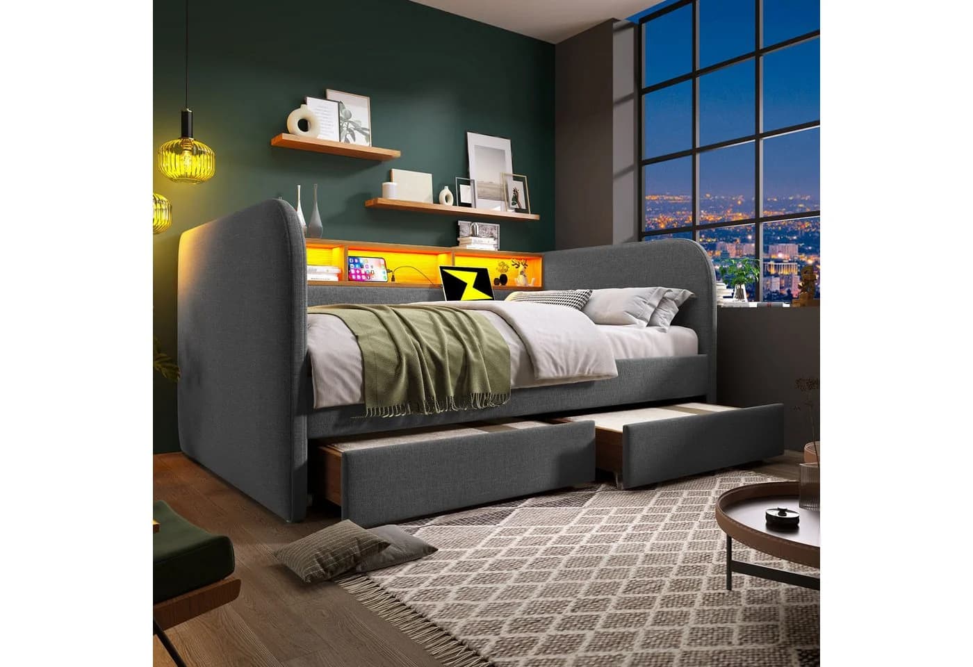Flieks Polsterbett Grau mit LED, Ladefunktion & 2 Schubladen - Bild 3
