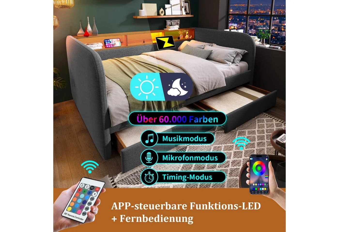 Flieks Polsterbett Grau mit LED, Ladefunktion & 2 Schubladen - Bild 4