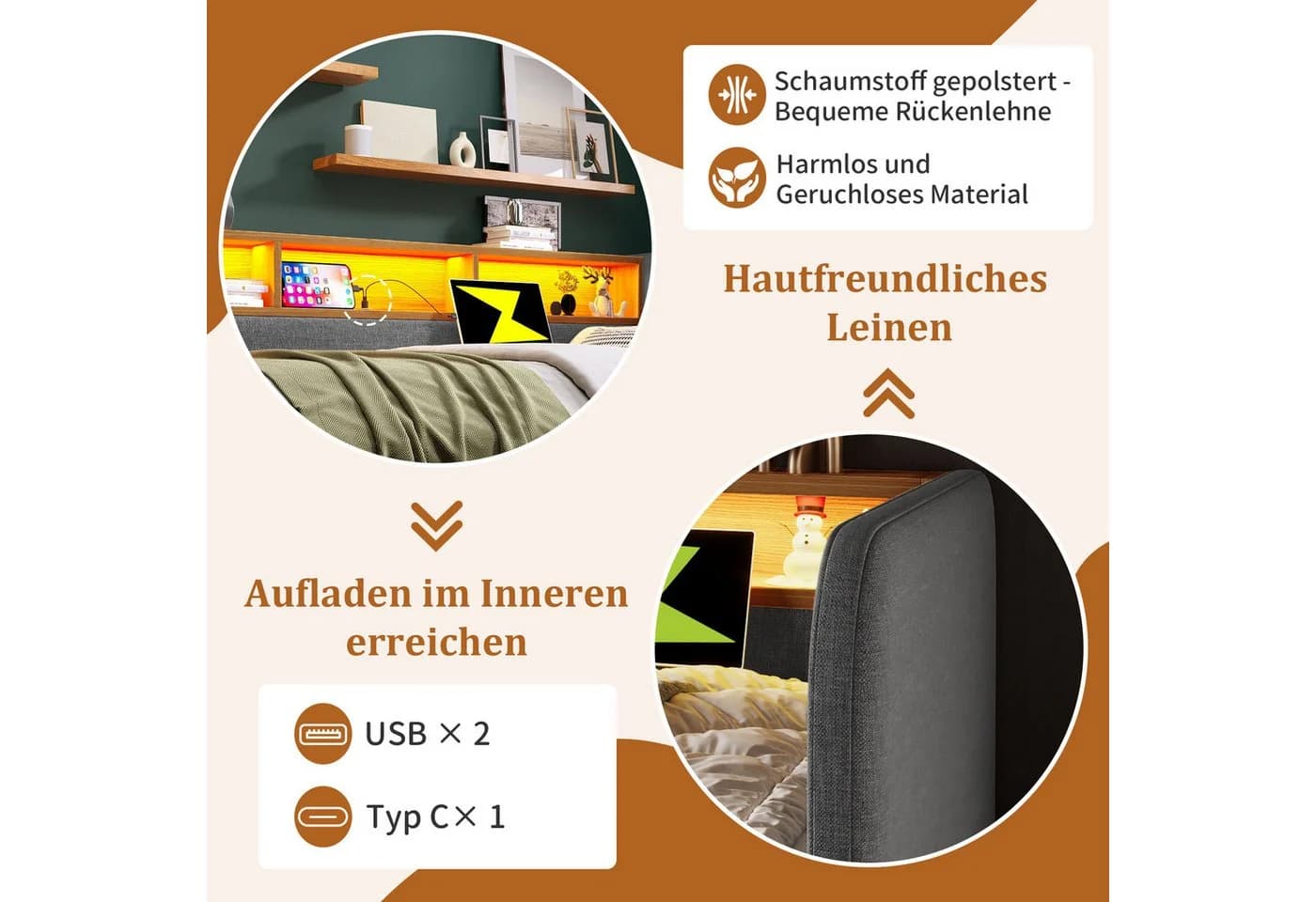 Flieks Polsterbett Grau mit LED, Ladefunktion & 2 Schubladen - Bild 5
