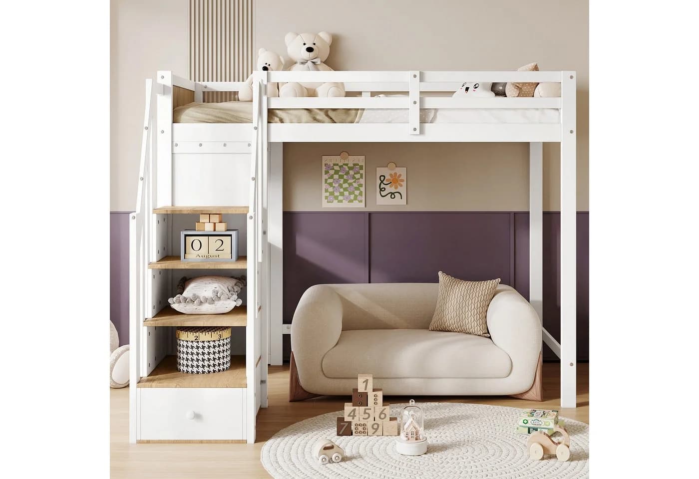 Flieks Hochbett 90x200 mit Stauraumtreppe & Schreibtisch