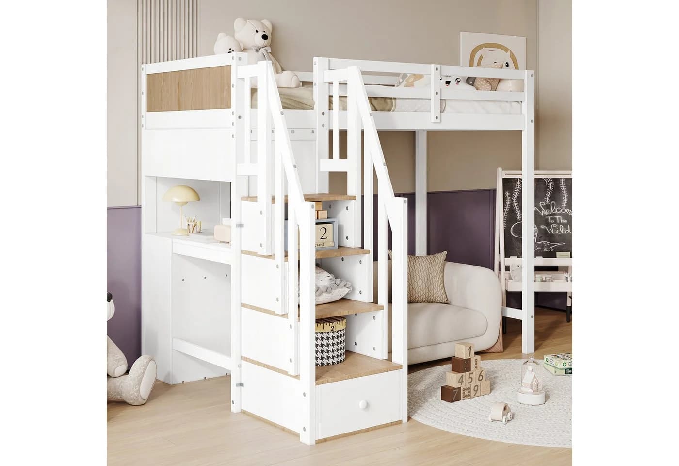 Flieks Hochbett 90x200 mit Stauraumtreppe & Schreibtisch - Bild 3