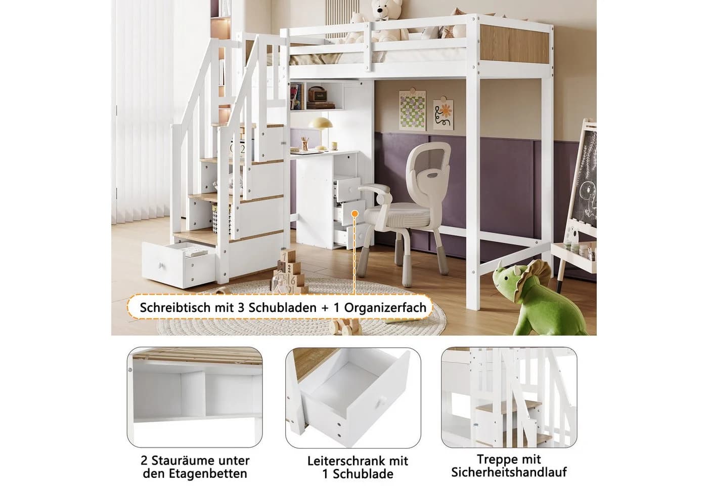 Flieks Hochbett 90x200 mit Stauraumtreppe & Schreibtisch - Bild 4