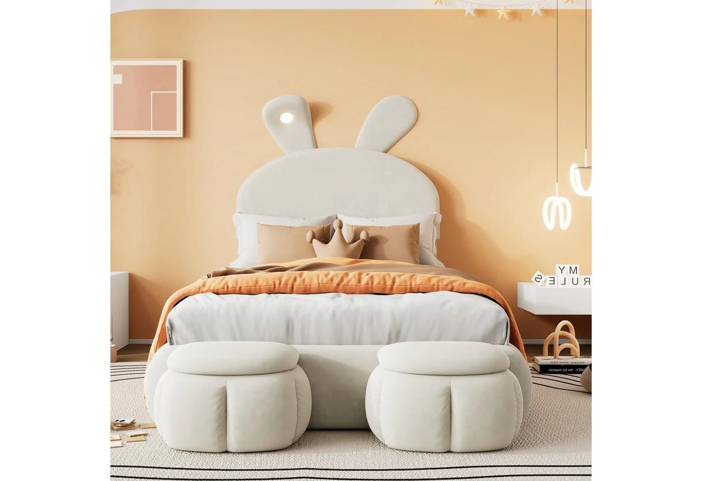 Flieks Polsterbett LED Einzelbett 90x200cm Beige mit Hasenohren