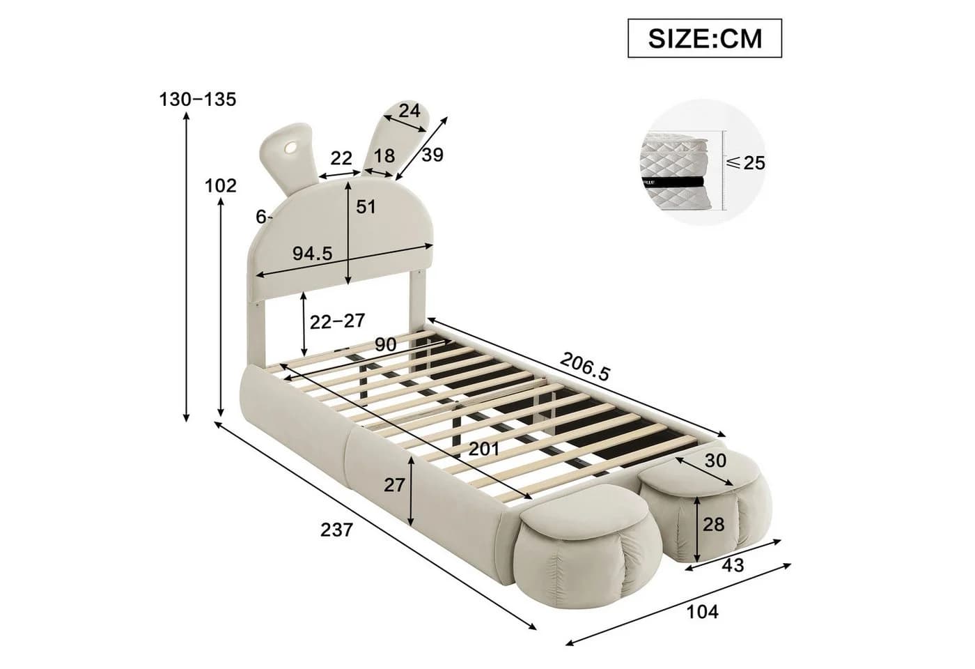 Flieks Polsterbett LED Einzelbett 90x200cm Beige mit Hasenohren - Bild 5