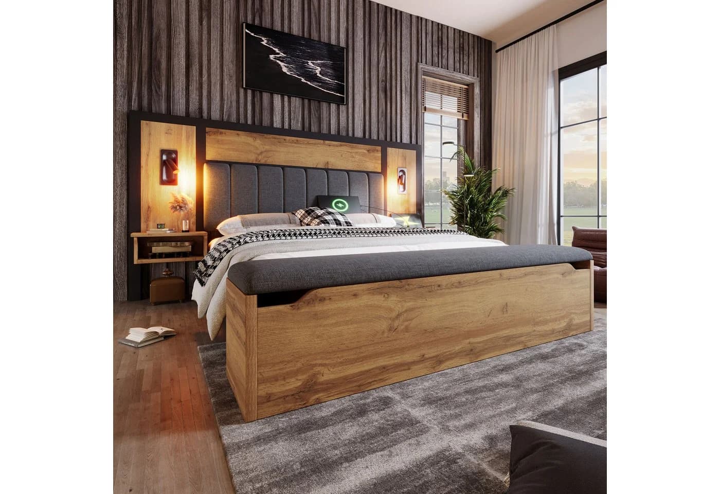 Flieks Holzbett 180x200 mit Leselampe, Nachttisch und Sitzbank