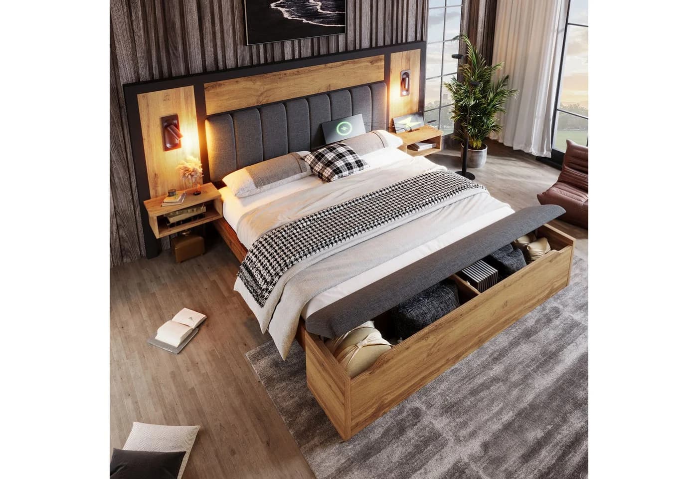 Flieks Holzbett 180x200 mit Leselampe, Nachttisch und Sitzbank - Bild 2
