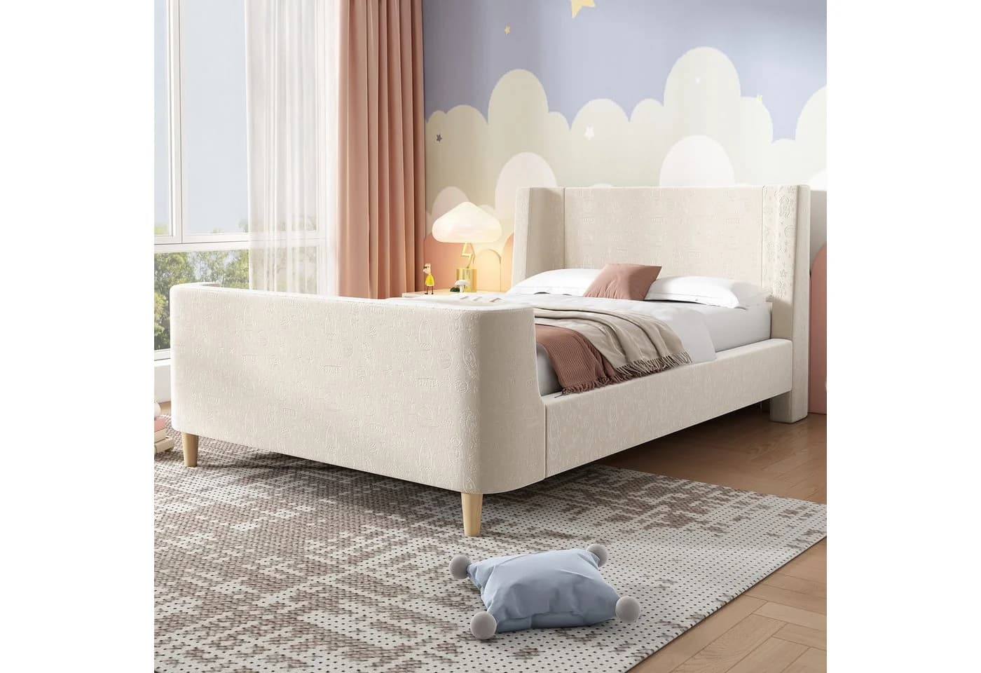 Flieks Polsterbett Kinderbett 90x200cm Samt Kosmisches Muster Beige