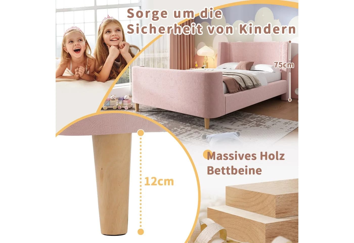 Flieks Polsterbett Rosa Samt Kinderbett 90x200cm - Bild 5