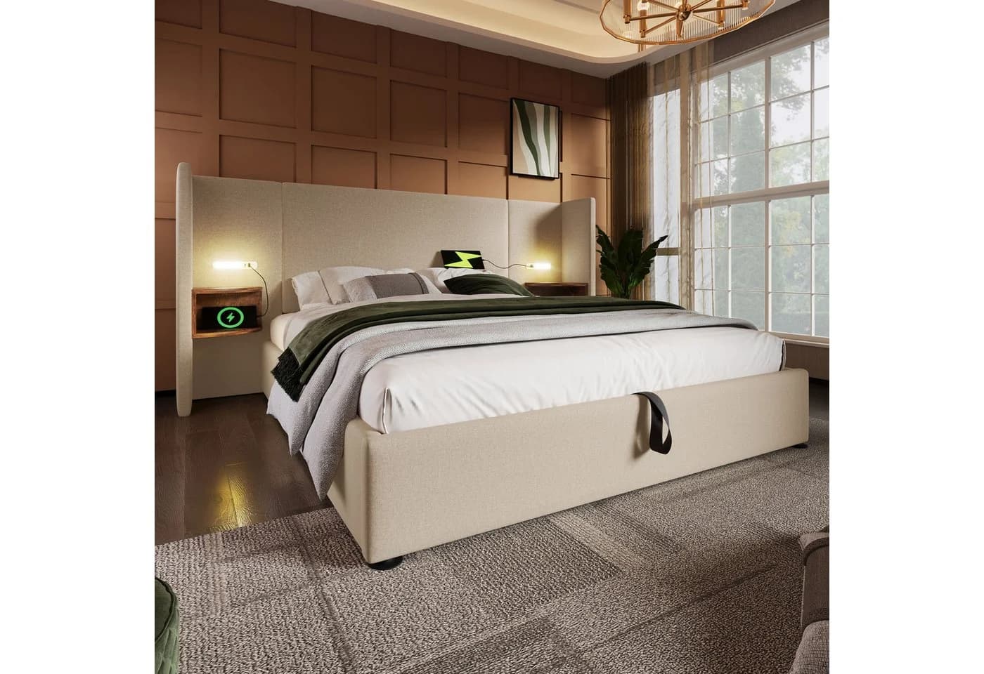 Flieks Polsterbett Hydraulisches Stauraumbett 180x200cm Nachttisch Beige