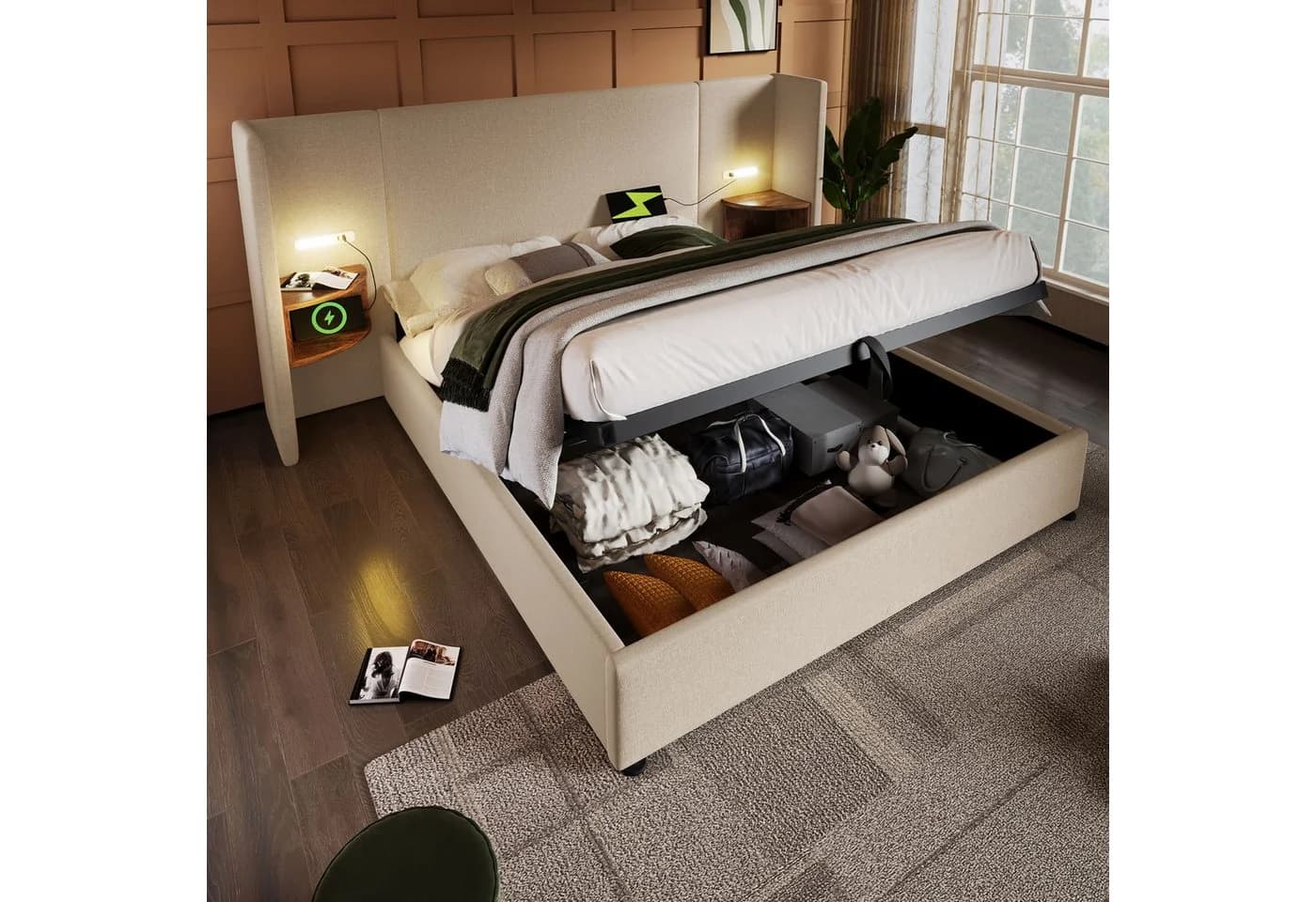 Flieks Polsterbett Hydraulisches Stauraumbett 180x200cm Nachttisch Beige - Bild 2