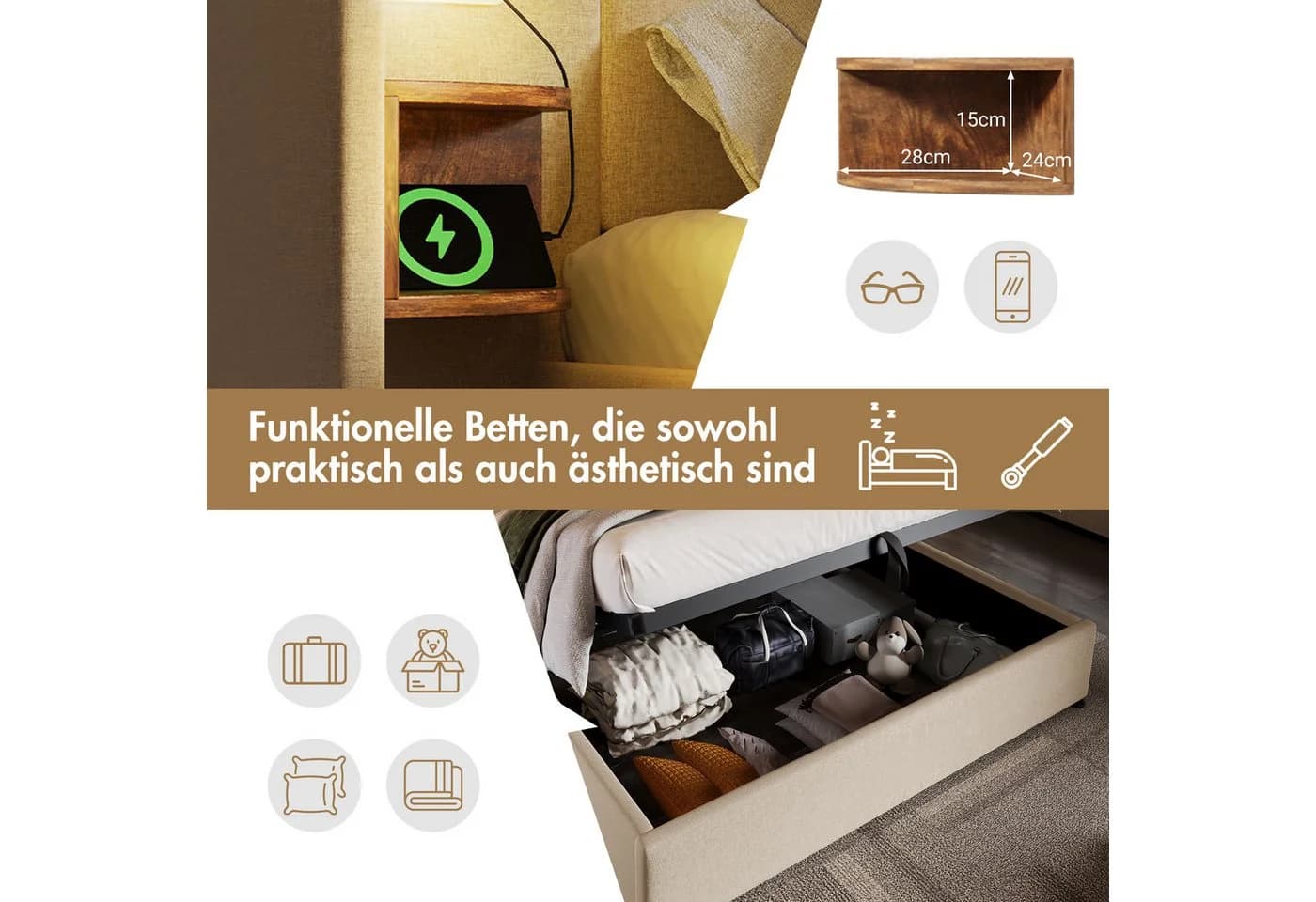 Flieks Polsterbett Hydraulisches Stauraumbett 180x200cm Nachttisch Beige - Bild 5
