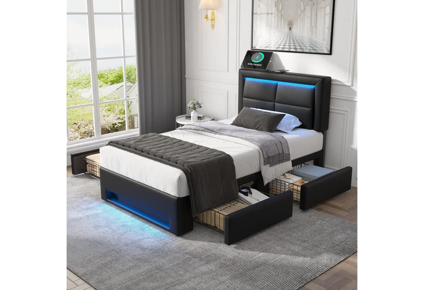Flieks Polsterbett mit LED, USB und 4 Schubladen Schwarz - Bild 2
