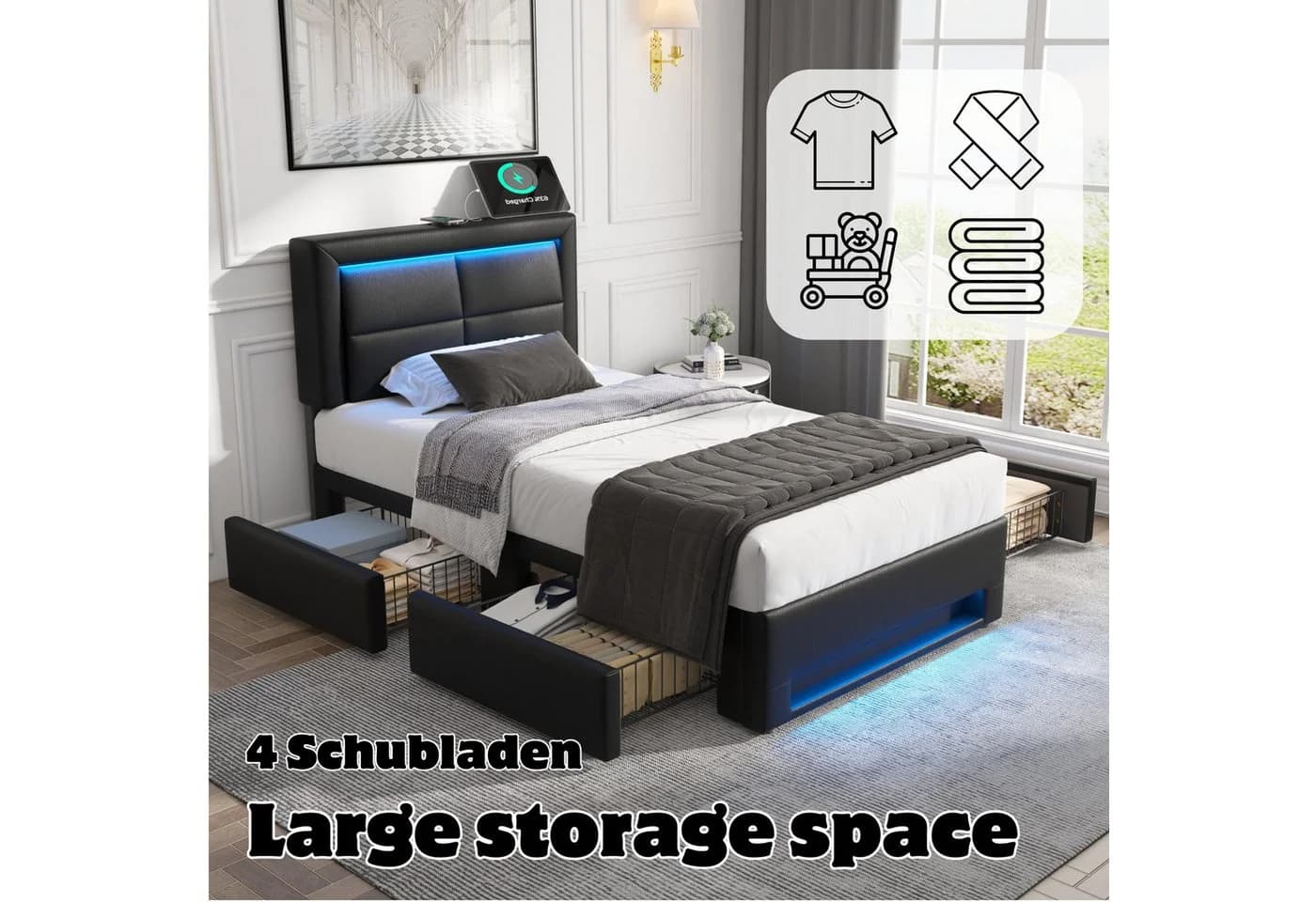 Flieks Polsterbett mit LED, USB und 4 Schubladen Schwarz - Bild 4