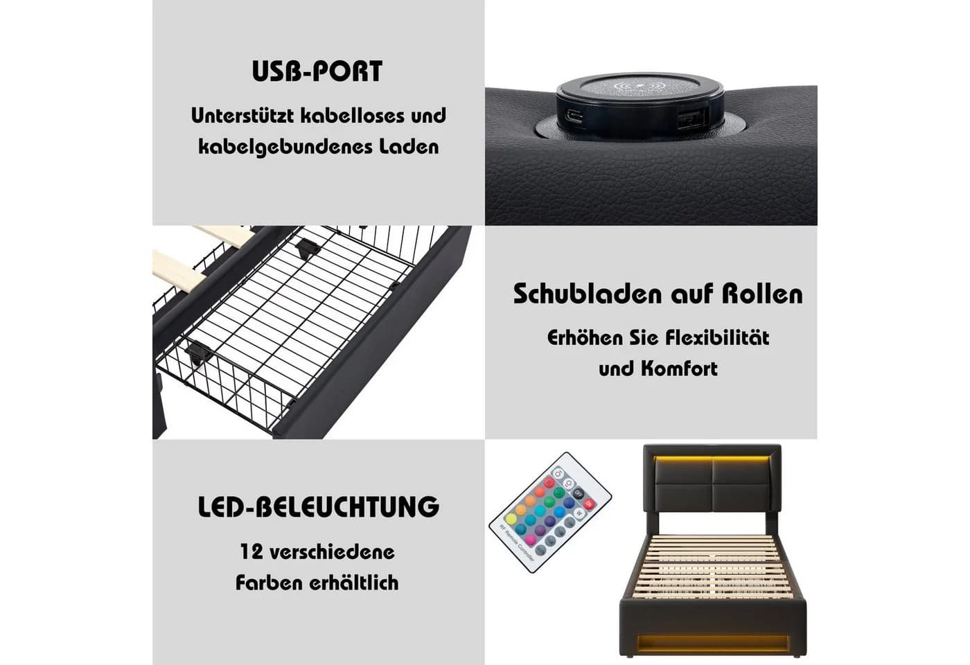 Flieks Polsterbett mit LED, USB und 4 Schubladen Schwarz - Bild 5