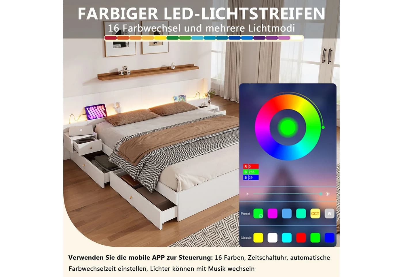 Flieks LED Doppelbett mit Nachttischen und Schubladen - Bild 3