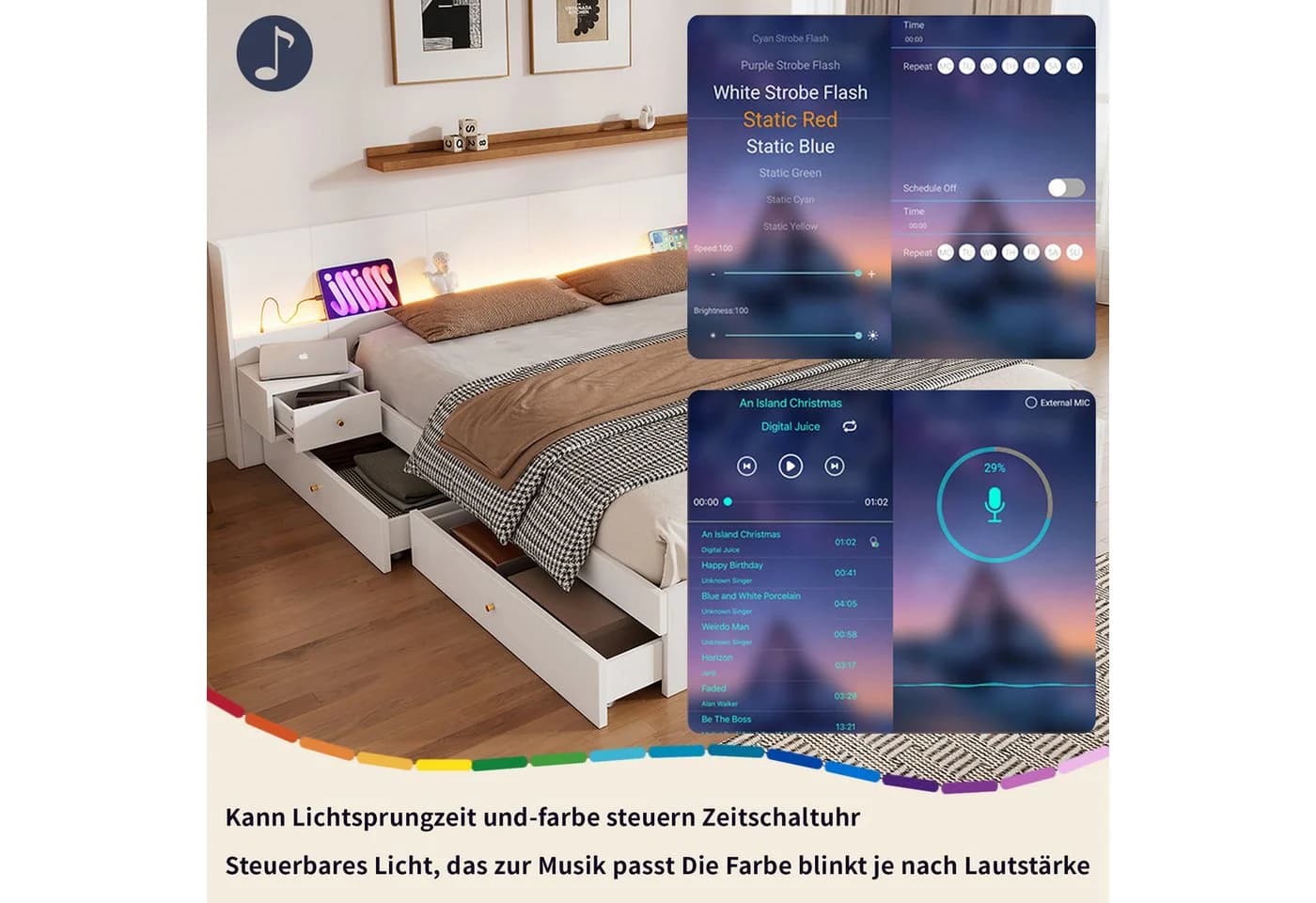 Flieks LED Doppelbett mit Nachttischen und Schubladen - Bild 4