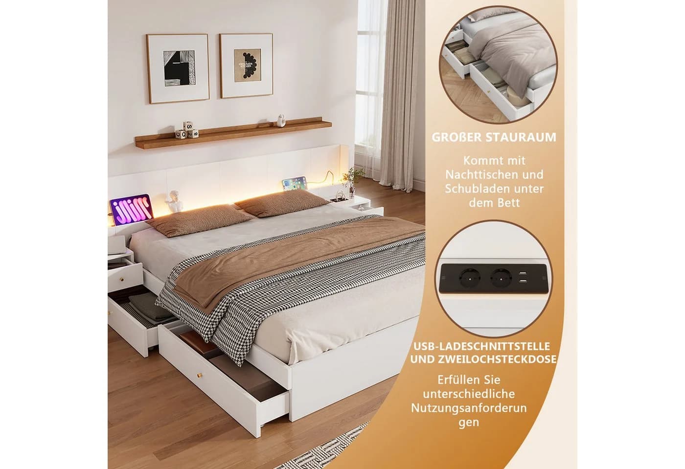 Flieks LED Doppelbett mit Nachttischen und Schubladen - Bild 5