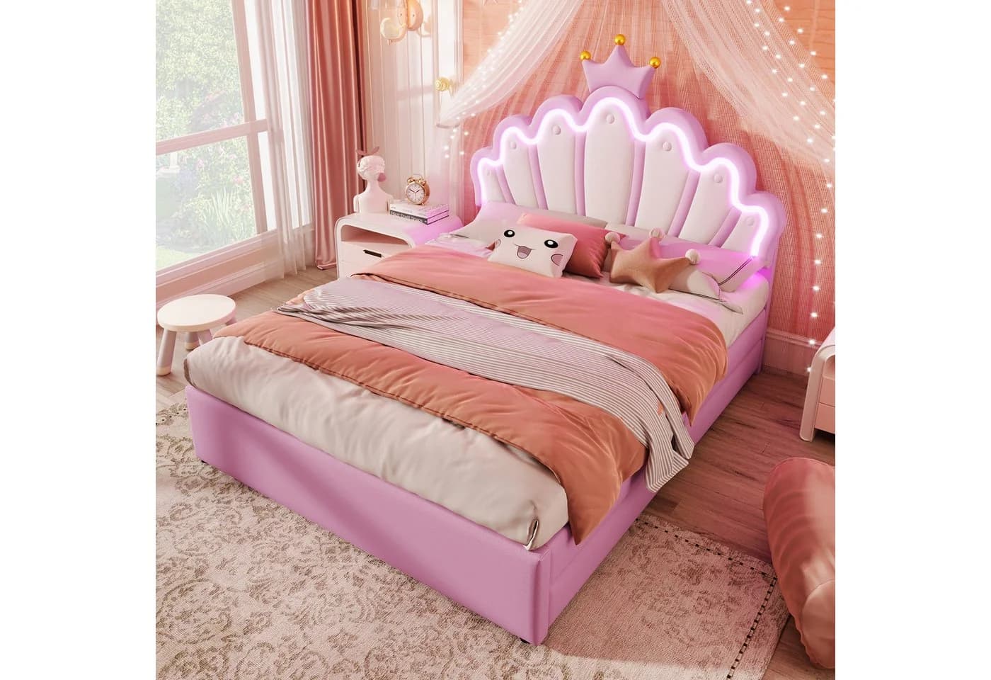 Flieks Polsterbett Rosa LED Prinzessinnenbett mit Schubladen