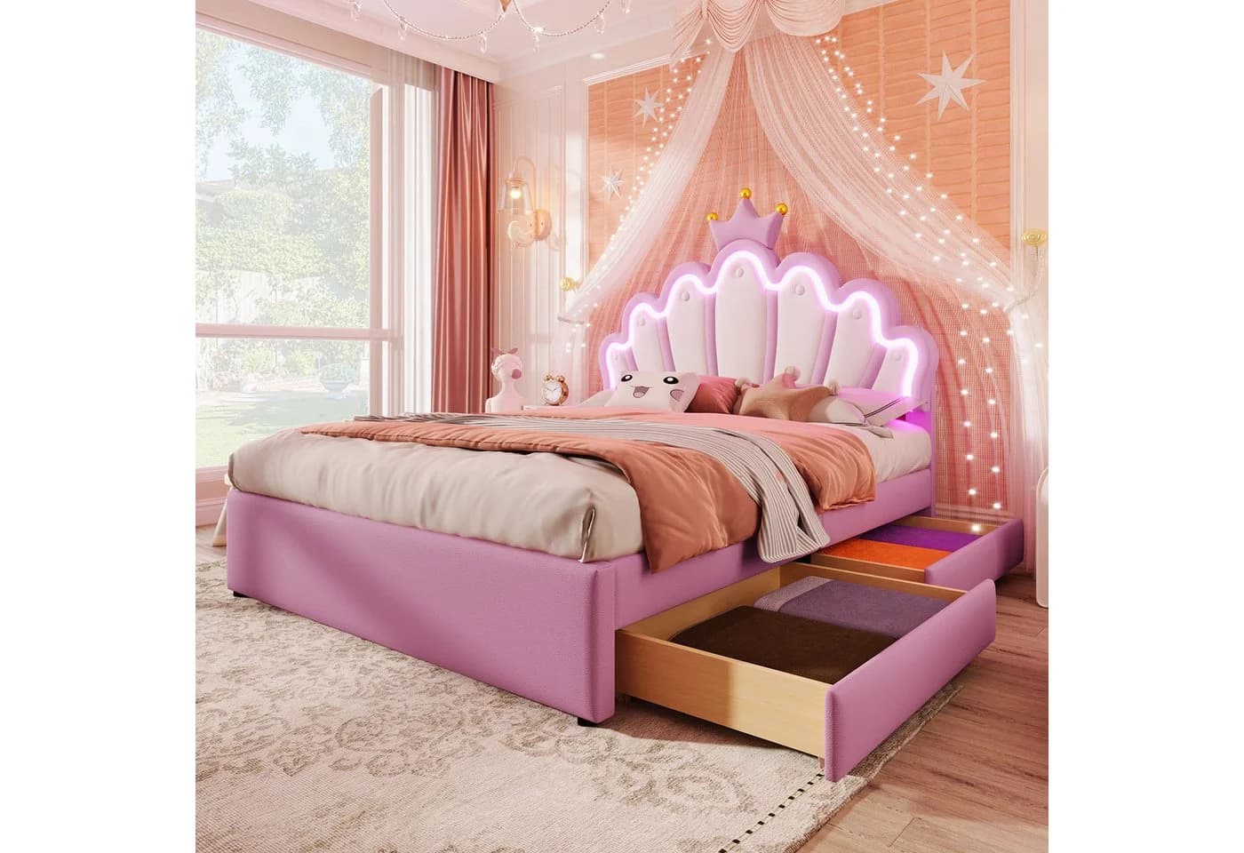 Flieks Polsterbett Rosa LED Prinzessinnenbett mit Schubladen - Bild 2