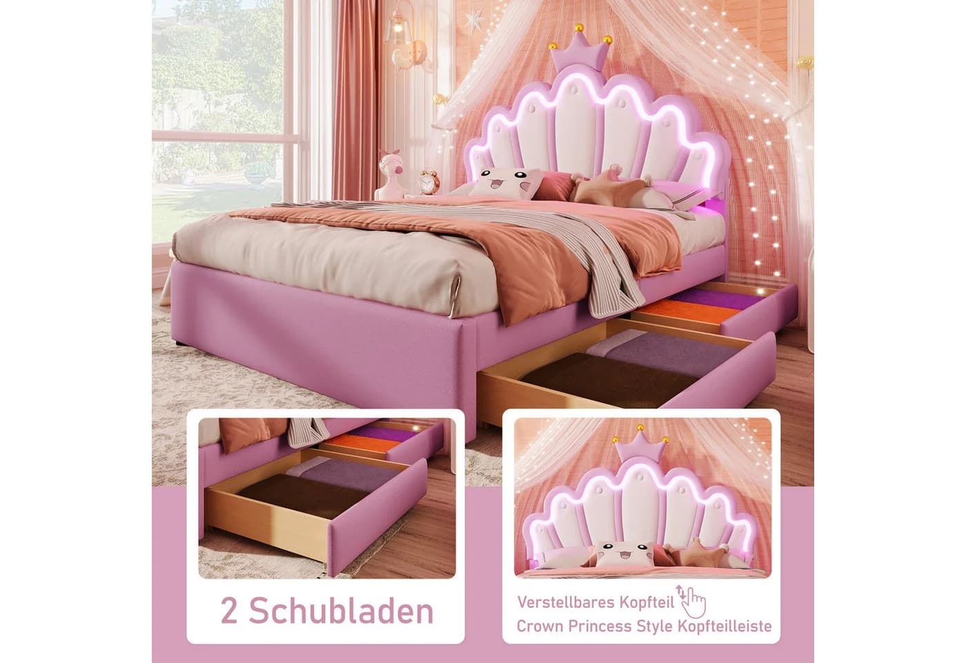 Flieks Polsterbett Rosa LED Prinzessinnenbett mit Schubladen - Bild 5