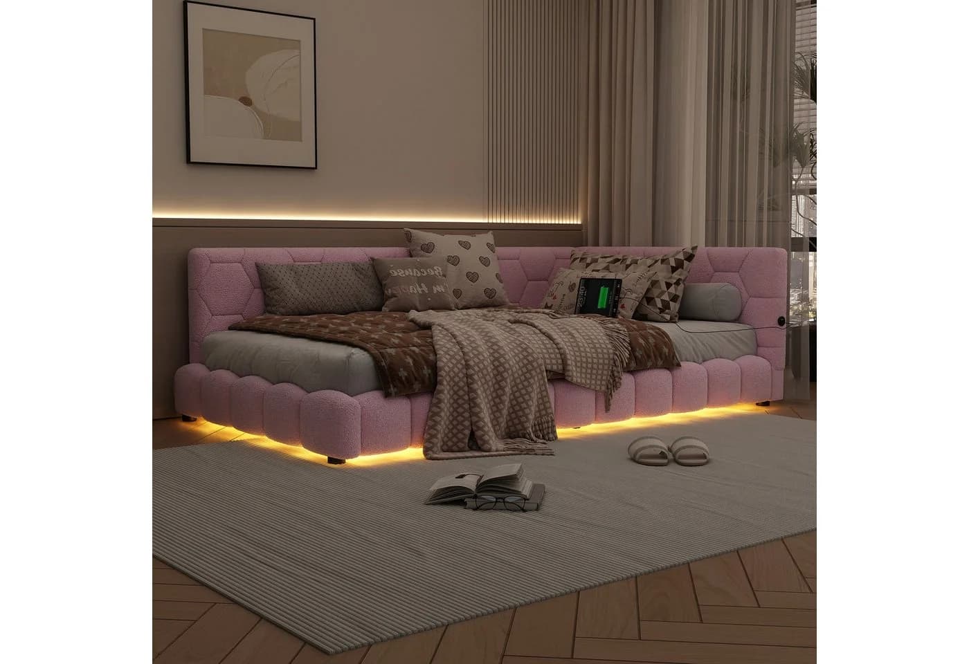 Flieks Polsterbett LED Rosa Samt mit USB-Anschluss - Bild 3