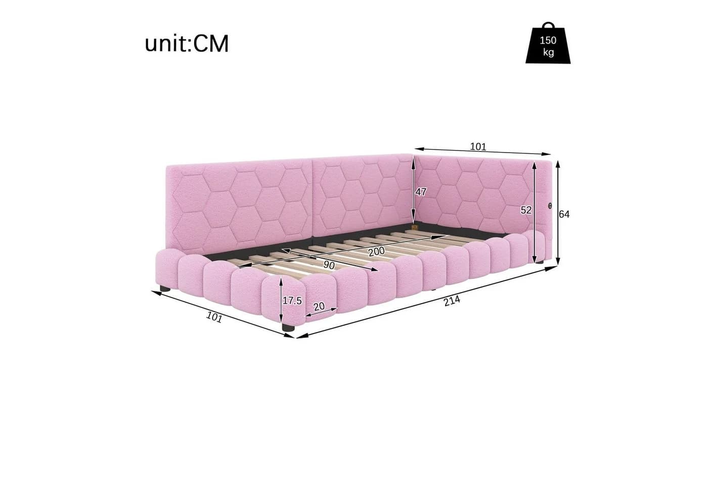 Flieks Polsterbett LED Rosa Samt mit USB-Anschluss - Bild 5
