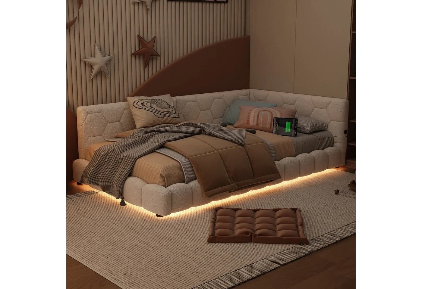 Flieks Polsterbett mit LED und USB-Anschluss Samt Weiß - Bild 3