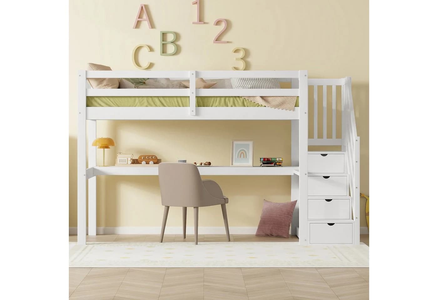 Flieks Hochbett Massivholz mit Treppe und Schreibtisch