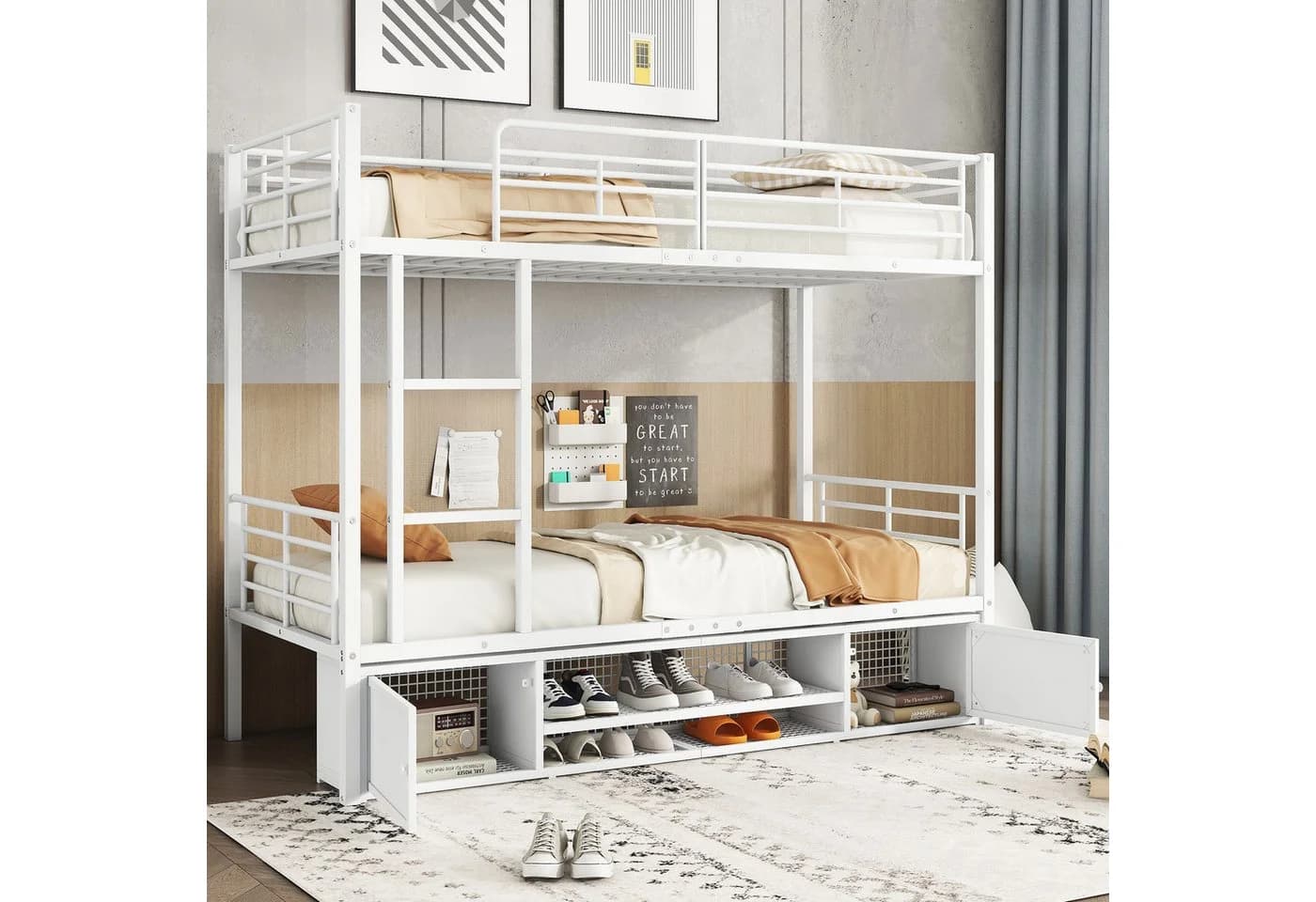 Flieks Etagenbett Metallbett 90x200cm mit Schuhregal, Lagerschrank und Leiter