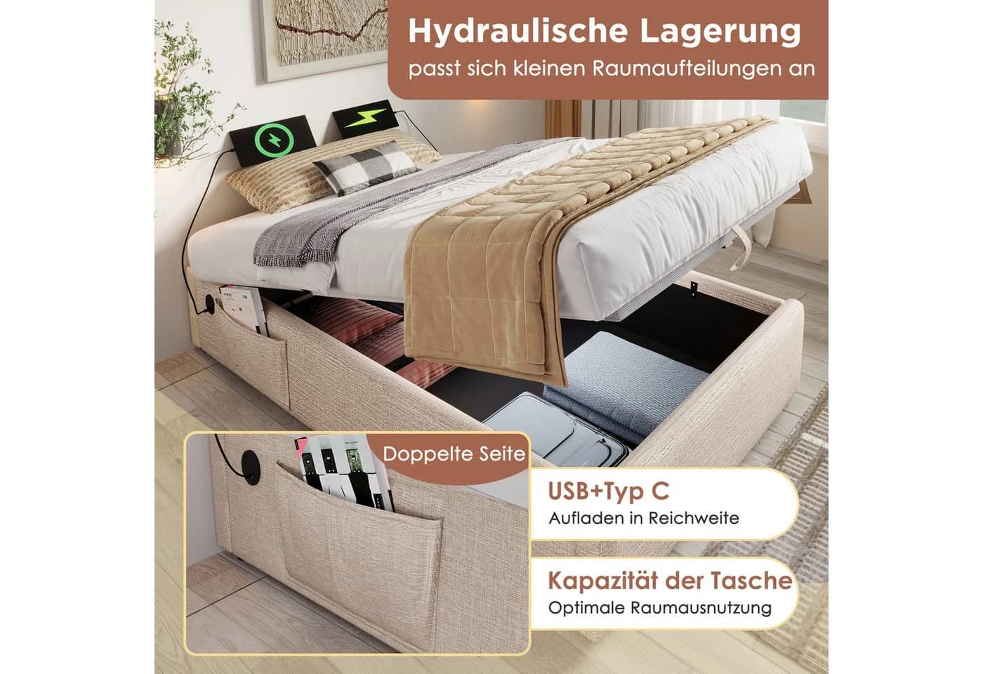 Flieks Polsterbett Hydraulisch Beige Ohne Kopfteil - Bild 5
