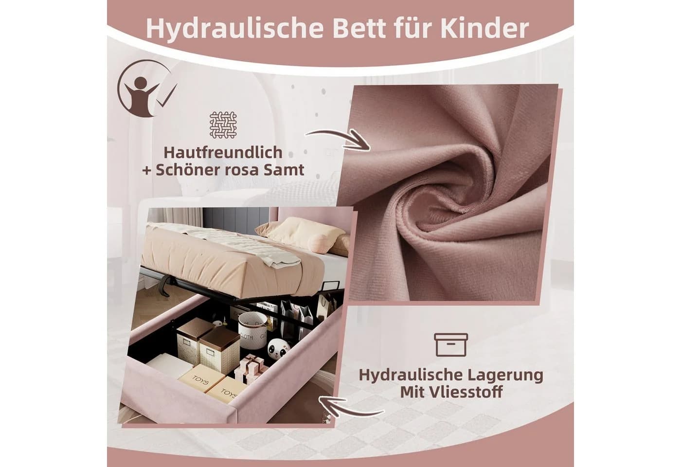 Flieks Polsterbett Rosa Hydraulisches Kinderbett mit Bettkasten - Bild 3