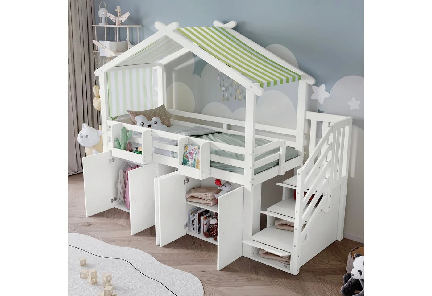 Flieks Hochbett mit Vorhang, Kleiderschrank & Stauraumtreppe