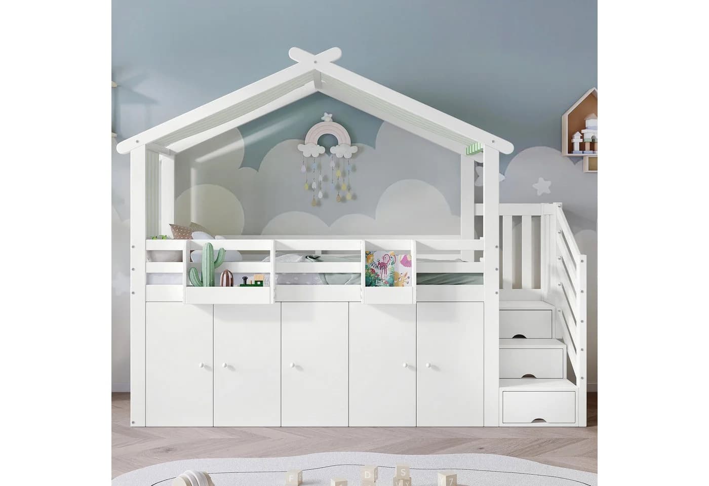 Flieks Hochbett mit Vorhang, Kleiderschrank & Stauraumtreppe - Bild 2