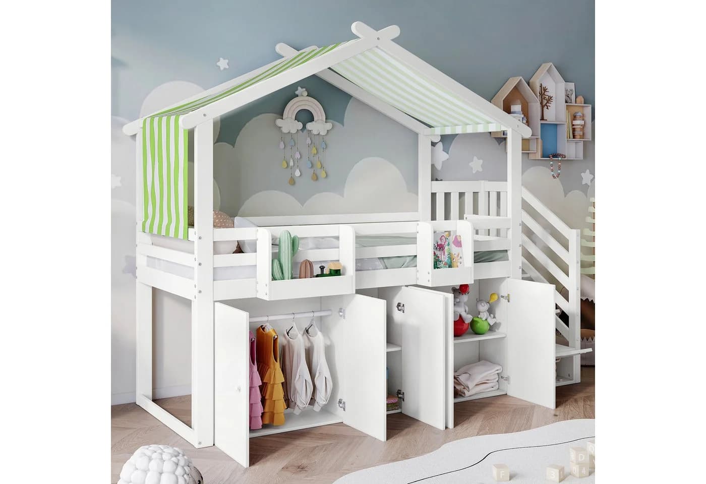 Flieks Hochbett mit Vorhang, Kleiderschrank & Stauraumtreppe - Bild 3