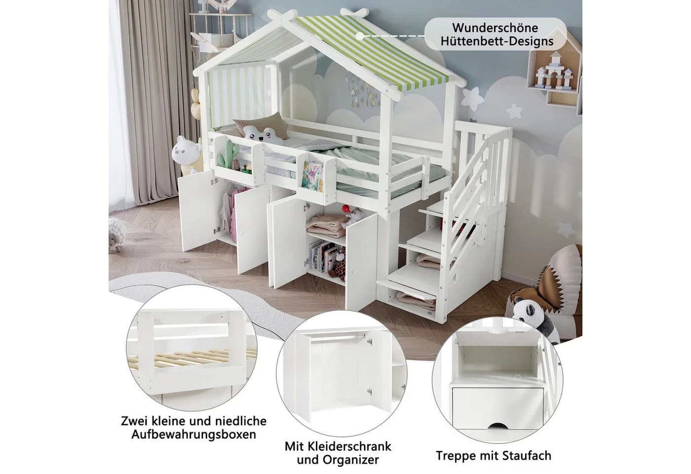 Flieks Hochbett mit Vorhang, Kleiderschrank & Stauraumtreppe - Bild 4