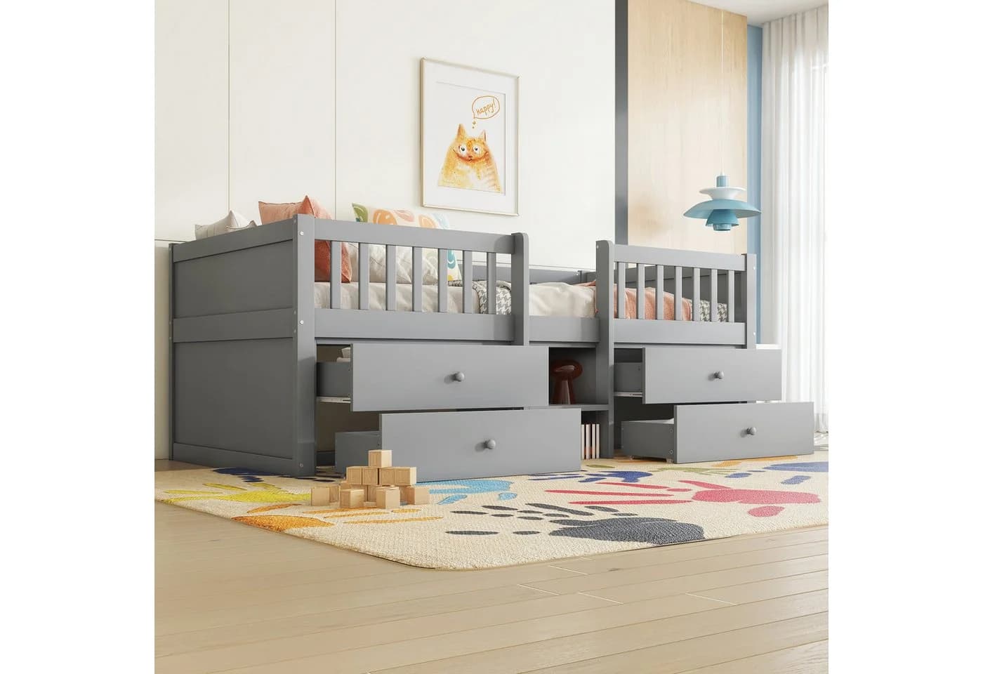 Flieks Hochbett Kinderbett Grau mit 4 Schubladen und Leiter