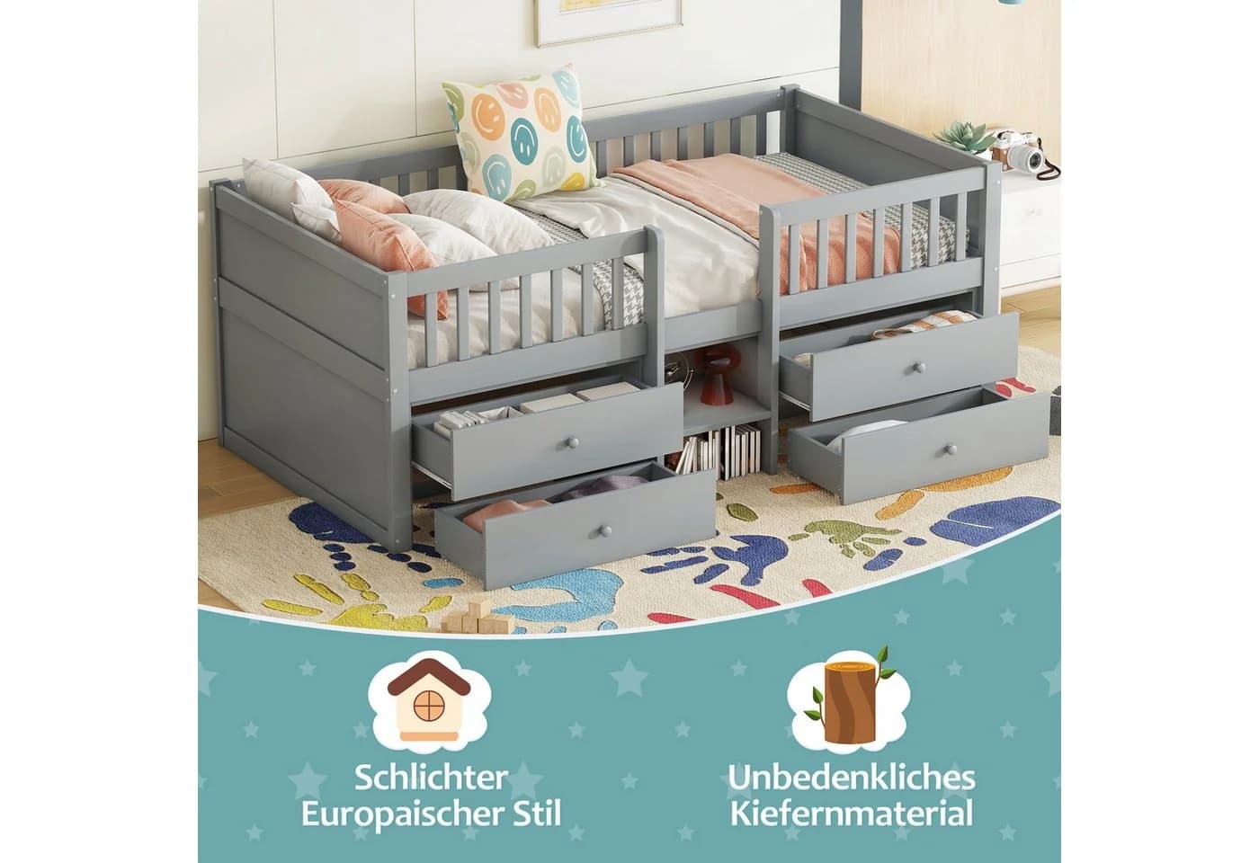 Flieks Hochbett Kinderbett Grau mit 4 Schubladen und Leiter - Bild 4