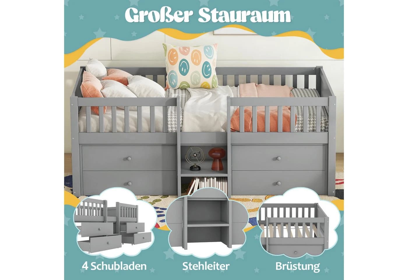 Flieks Hochbett Kinderbett Grau mit 4 Schubladen und Leiter - Bild 5