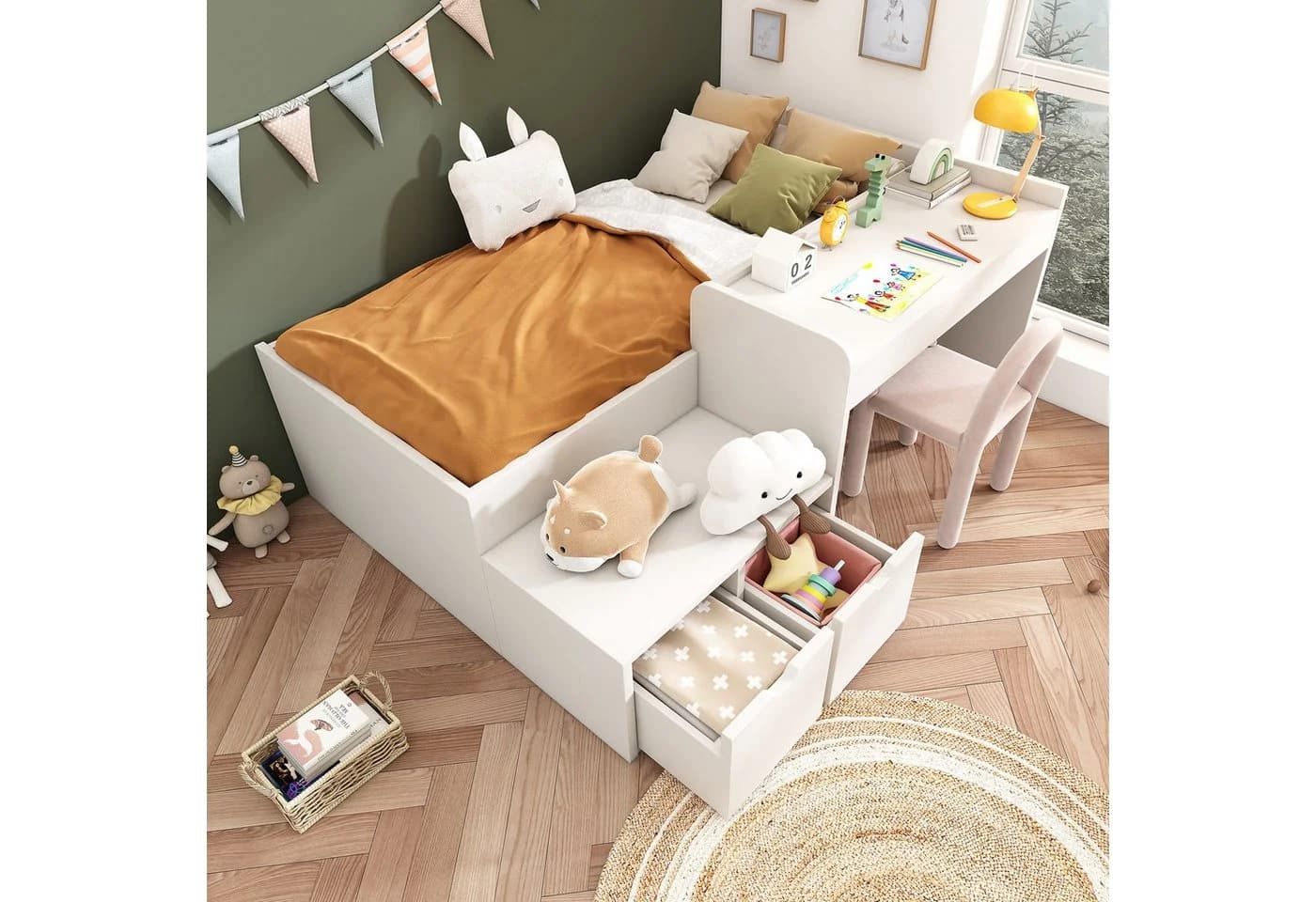 Flieks Kinderbett mit Schreibtisch und Schubladen Weiß
