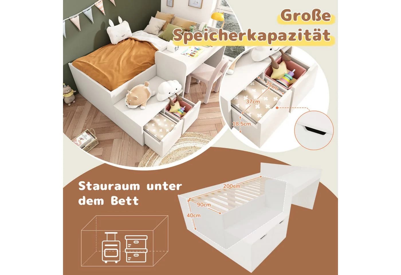 Flieks Kinderbett mit Schreibtisch und Schubladen Weiß - Bild 4