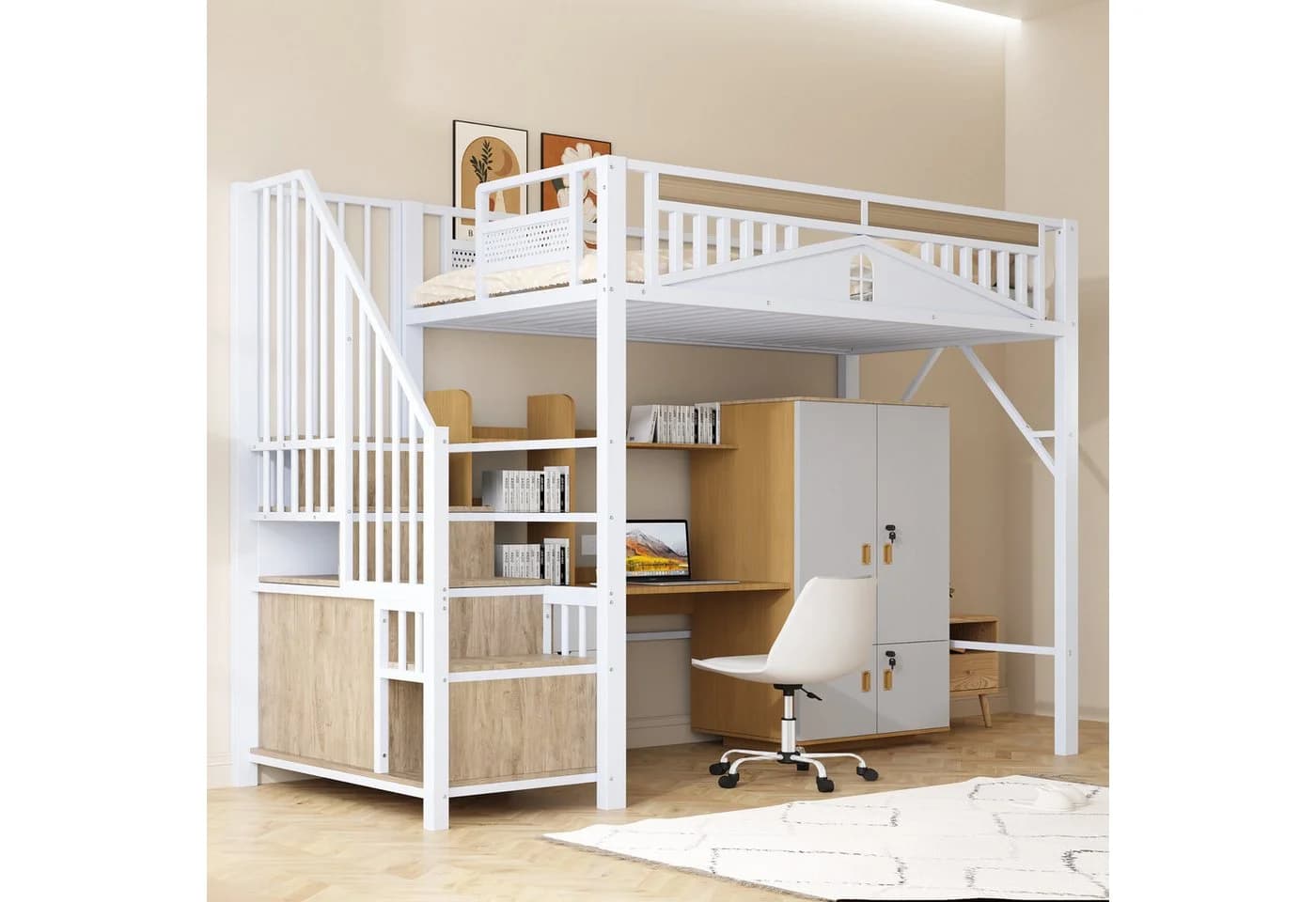 Flieks Hochbett aus Metall mit Stauraumtreppe und Sicherheitszaun