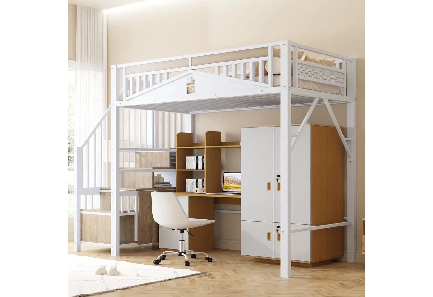 Flieks Hochbett aus Metall mit Stauraumtreppe und Sicherheitszaun - Bild 2